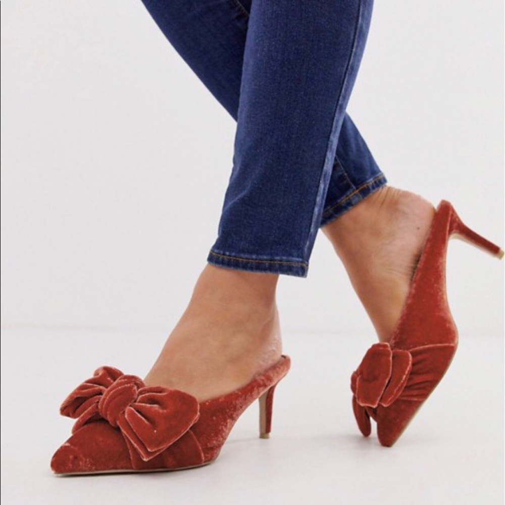 ASOS velvet bow pointed mid heel mules